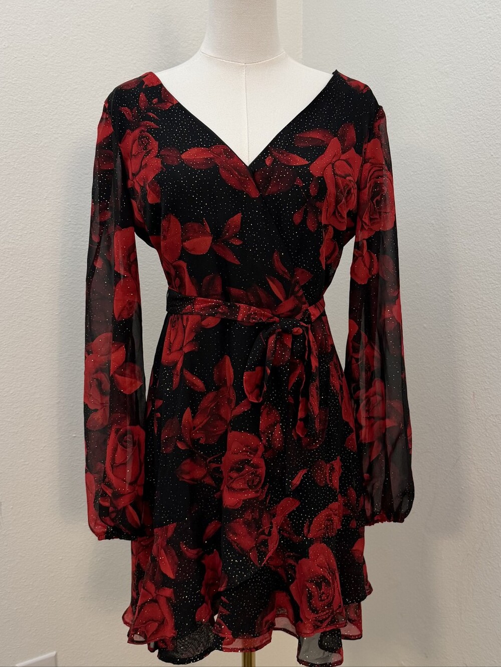 City Triangles Black Mini Dress with Red Rose Print